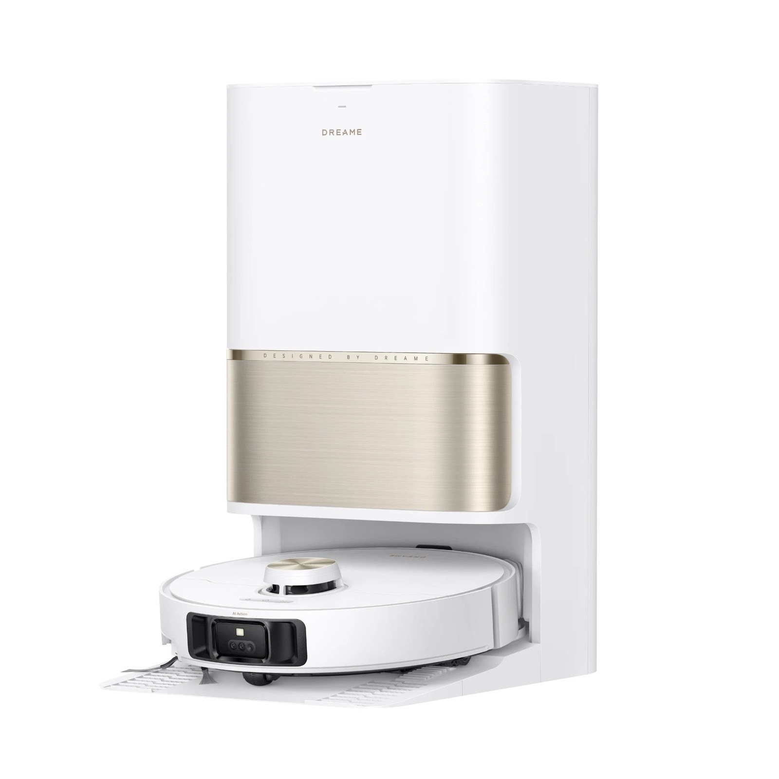 Le robot aspirateur Dreame L60 Ultra PE amarré à sa station de vidange automatique blanc et or