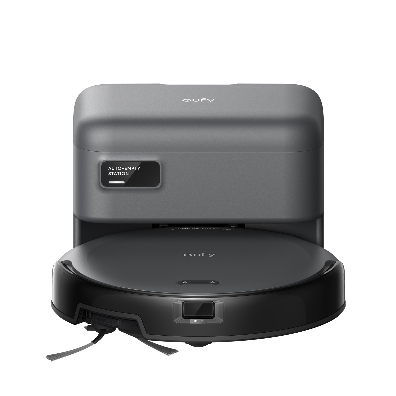 Le robot aspirateur eufy C10 avec sa station compacte de vidange automatique grise
