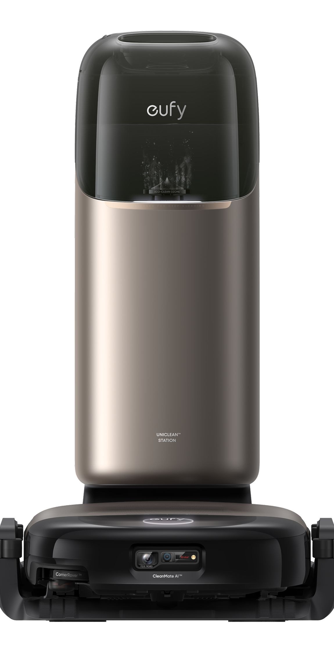 Le robot aspirateur eufy Omni S2 ancré sous sa grande station cylindrique UniClean